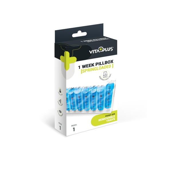 VITAPLUS Pill Box 1 Week (Spring Loaded) 7 Removable Pill Holders Four Compartments Per Day