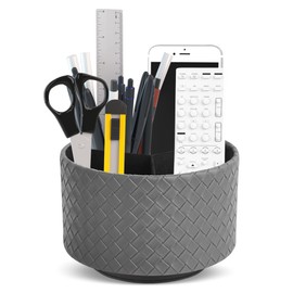 Czzmy Round Leather Art Supply Organizer,Remote Control Holder with Adjustable Divider,360 Degree Spinning,Multi-Functional Pencil Holder,4 Compartments Desktop Stationary Organizer(1-Grey)