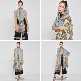 DANA XU 100% Merino Wool Extra Large Pashmina Blanket Travel Scarf Cashmere Wrap for Women Fall Winter Oversize Shawl Floral