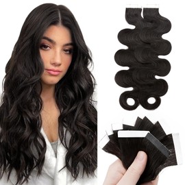Benehair Remy Tape in Hair Extensions Human Hair Natural Black Seamless Skin Weft Tape in Real Human Hair Extensions Wavy Hair 20 Inch 50g #1B 20 pcs