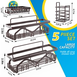 Coraje Shower Caddy, Shower Shelves [5-Pack], Adhesive Shower Organizer No Drilling, Large Capacity, Rustproof Bathroom Shower Organizer, Shower Shelf for Inside Shower (Brown)