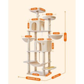 Taoqimiao 76-Inch Cat Tree Cat Tower for Indoor Cats, Plush Multi-Level Cat Condo with 12 Scratching Posts, 2 Perches, 2 Caves, Hammock, 2 Pompoms MS016M Beige