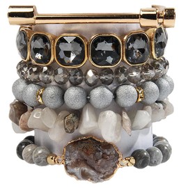 Yomisa Boho Beaded Bracelets/Bangle for Women,Multilayer Wrap 6PCS Healing Natural Jasper Stone Bead Bracelets Stackable Friendship Stretch Beaded Bracelet Set Trendy Bohemian Jewelry Gift,Silver Gold