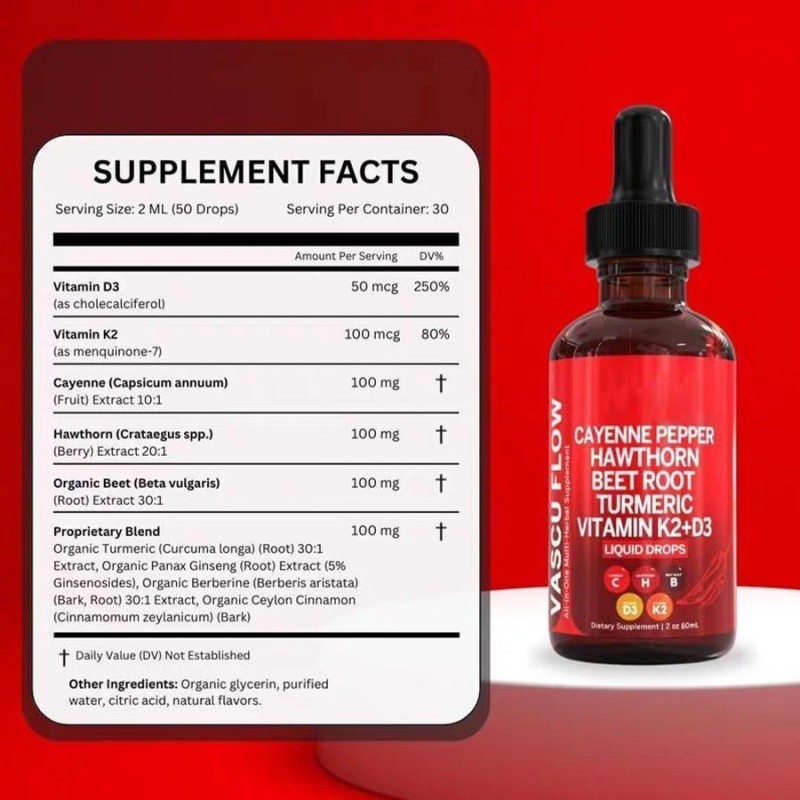 Cayenne Pepper Hawthorn Beet Root Turmeric Vitamin K2+D3 Liquid Drops