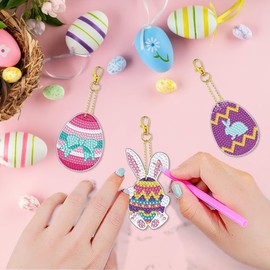 MHwan Children's Diamond Painting, Pack of 10 5D Cute Rabbit and Egg Diamond Painting Easter Pendants, DIY Diamond Painting Set for Children to Promote Children's Practical Skills and Attention