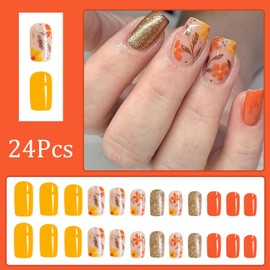 Fall Press on Nails Short Square Fake Nails with Flowers and Leaf Pattern Design Stick on Nails Full Cover Autumn Glue on Nails Gold Glitter Leaf Light Orange False Nails for Women Acrylic Nails 24Pcs