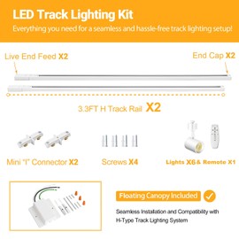 TuyuBEE 6 Lights Remote Control LED Track Lighting Kit with 6.6FT H Type Track Lighting Rails & Floating Canopy Connector, Modern Kitchen Ceiling Light Fixture Dimmable, 2700K - 6000K, 10W 800lm White
