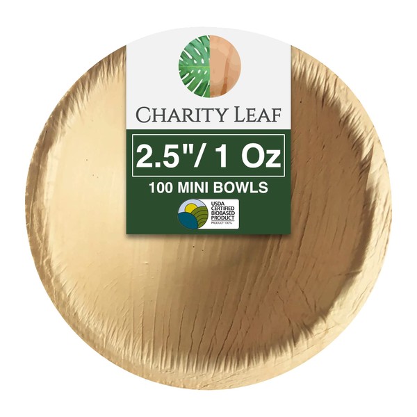 Charity Leaf Disposable Palm Leaf 2.5" Round Mini Bowl (100 pcs) Dipping Bowls | Bamboo Like| All Natural and Biodegradable | Charcuterie Boards, BBQs, and Parties