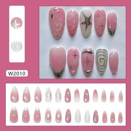 Mkwntg 24Pcs Pink Press on Nails Medium Almond Fake Nails Waves Full Cover Acrylic False Nails Silver Star French Tip Stick on Nails Cute Ombre Chrome Reusable Glossy Glue on Nail for Women Decor