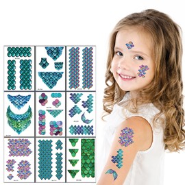 Qpout Mermaid Scale Temporary Tattoos Stickers for Kids Girls Women, 20 Sheets Mermaid Themed Tattoos for Face Hand Body, Mermaid Makeup Accessories Mermaid Birthday Party Favors