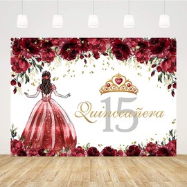 SENDY 7x5ft Quinceanera 15th Backdrop for Girls Mexico 15th Birthday Photography Background Burgundy Red Flowers Golden Crown Party Banner Photo Booth Studio Props