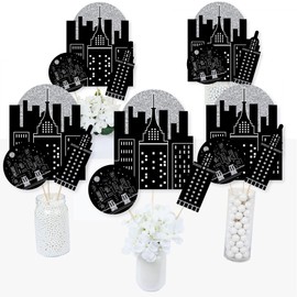 Big Dot of Happiness Nighttime City Skyline Party Centerpiece Kit - 15-Piece New York City Table Decorations Set, Premium Cardstock Design, Double-Sided Night Scene Table Toppers with Sticks