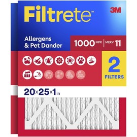 Filtrete 20x25x1 AC Furnace Air Filter, MERV 11, MPR 1000, Micro Allergen Defense, 3-Month Pleated 1-Inch Electrostatic Air Cleaning Filter, 2 Pack (Actual Size 19.688 x 24.688 x 0.84 in)