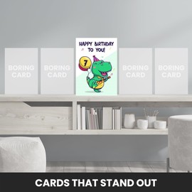 7th Birthday Card for Boy - 7 Year Old Birthday Card for Great Grandson, Son, Nephew, Brother or Boys - Funny Green Dinosaur Bday Cards