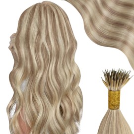 Moresoo Nano Hair Extensions Human Hair Dark Honey Blonde with Medium Blonde Nano Beads Human Hair Extensions 20 Inch Blonde Nano Ring Hair Extensions 1G/S 50G/Pack #P16/22