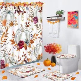 Tayney Fall Red Burgundy Pumpkin Shower Curtain Set with Toilet Lid Cover and Non-Slip Rugs, Leaves Flower Tree 4 Pcs Shower Curtains for Bathroom, Autumn Watercolor Bathroom Decor Accessories Set