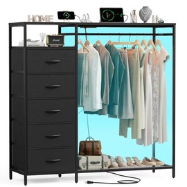 Black Dresser with Hanging Rack, 5 Chest of Drawers for Bedroom, Morden Clothes Drawer with Led Lights, Closet Storage Cabinet with Charging Station, 47 Inch Dresser with Shelves for Bedroom, Closet