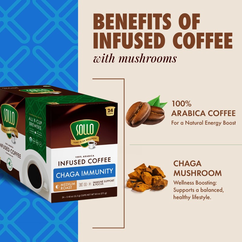 Sollo Infused Chaga Coffee Pods, Medium Roast, For Keurig Brewers,
