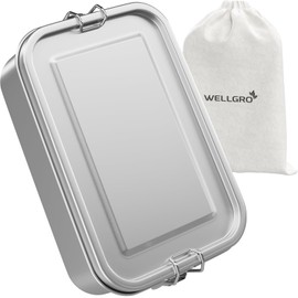 WELLGRO Stainless Steel Square Containers - 550 ml 850 ml 1400 ml 2400 ml Leak-Proof Metal Lunch Box Lunch Box Capacity 1400 ml