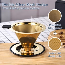 TaoTaoTse Pour Over Coffee Filter Dripper, Stainless Steel Metal Cone, Drip Coffee Filter with Base, Paperless and Permanently Reusable, Dual Mesh Coffee Filter Fits 1-2 Cups(Gold)