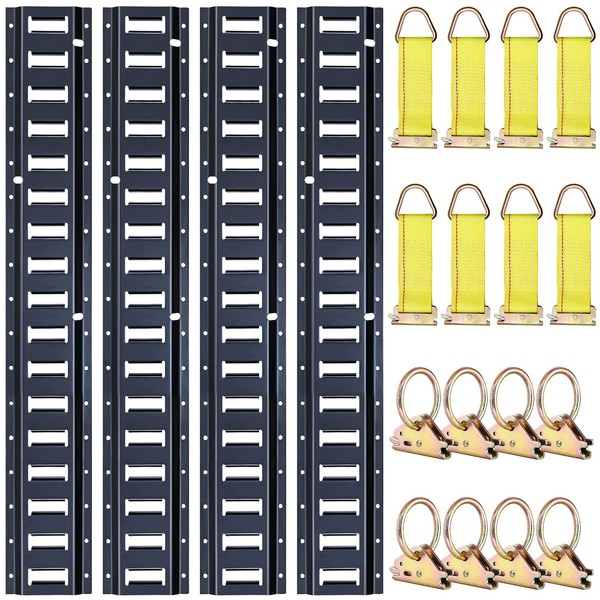 Trekassy 8ft Horizontal E-Track Tie-Down Rail Kit with 8 Steel O-Ring Anchors and 8 Rope Tie Offs for Truck Bed, Trailers