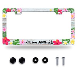 Aloha License Plate Frame Beautiful Hibiscus Flower License Plate Stainless Steel Funny License Plate Holder Hawaii Car Accessories Decoration with Screws Fits Standard Vehicles Size 12.3" x 6.3"