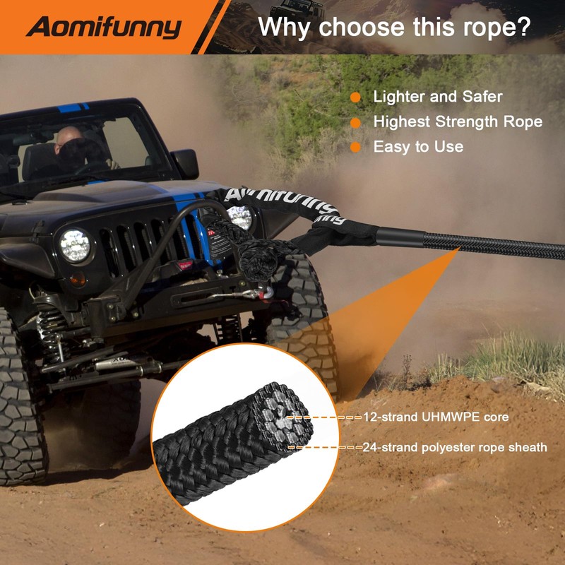 Aomifunny 7/16" x 30ft UHMWPE Tow Rope, 31,200 Lbs Break