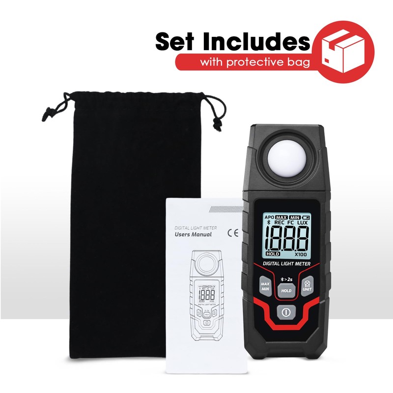 Bluetooth Lux Meter Light Meter, 0.1~200,000Lux Range Light Meter for