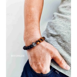BIYONGDE 10MM Black Onyx Tiger Eye Bead Chain Bangle Bracelet with Stainless Steel Vintage Witch Skull Charm, Stretchable