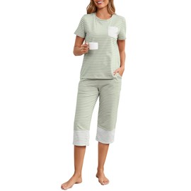 Namatime Womens Cotton Pajama Set Stripe 2 Piece Lounge Set Short Sleeve Capri Pj Set Comfy Loungewear Sleepwear with Pockets Summer Sleep Wear Sage Green Large
