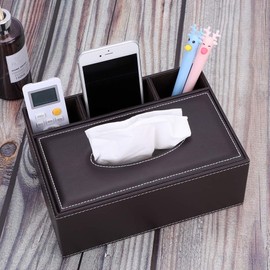 Multifunctional PU Leather Tissue Box Holder Rectangular Desktop Remote Control Storage Organizer Box Tissue Paper Holder Desk Storage Organizer With 3 Compartments Holder for Pen Remote Control Phone