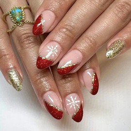 Christmas Press on Nails Medium Almond Gold Red French Tip With Design Glitter Artificial Medium Length Acrylic Glue on Xmas Snowflake Stick on for Women 24Pcs