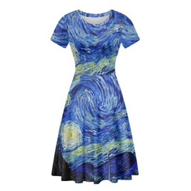HUGS IDEA Round Neck Casual Swing Dress for Women Van Gogh Starry Night Sky Summer Short Sleeve Loose Fit A-Line Dresses