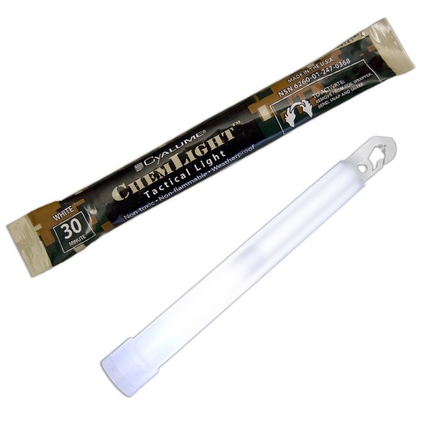 Cyalume - 9-03680 ChemLight Military Grade Chemical Light Sticks – 30 Minute Duration Light Sticks Provide Intense Light, Ideal as Emergency or Safety Lights and Much More, Standard Issue for U.S. Military Personnel – White, 6” Long (Pack of 10)