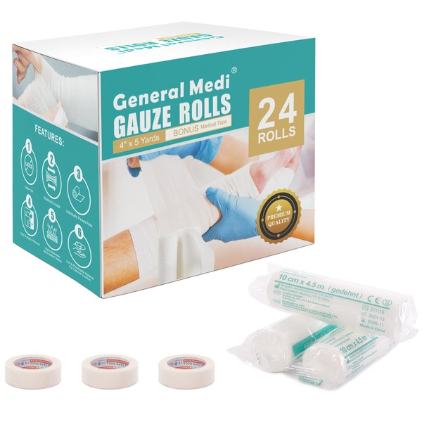 General Medi Conforming Bandage, 24 Pack Gauze Bandage Rolls with Bonus 3 x Medical Tape (4” x 5 Yards Stretched)