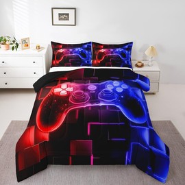 Erosebridal Kids Gamer Comforter Set Queen, Gaming Bedding, Video Games Gamepad Bedding Comforter Sets Neon Glowing Square Geometric Grid Red Blue Bedroom Decor Duvet Insert