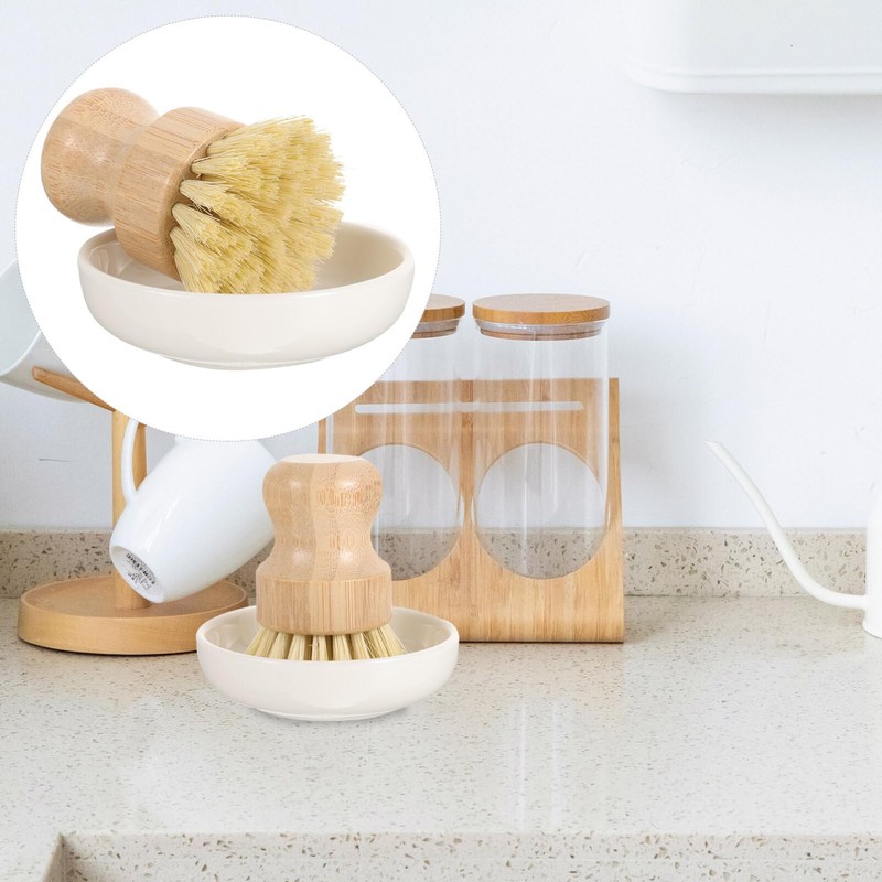 Bamboo Scrub Brushes with Ceramics Holder Mini Palm Scrub Brush