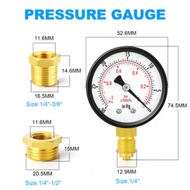ERGAOBOY -2-0 Bar (-30-0 Psi) 2" Dial Face 1/4" BSP Well Pump Pressure Gauge, with Brass Adapter, Lower Mount