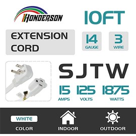 HONDERONS 10FT White Flat Plug Extension Cord, 14/3 SPT-3 Extension Cable 3 Prong Grounded, Durable Power Cable for Home, Office