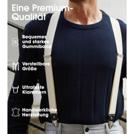 Pierrot Men's Braces Wide and Vintage Premium - Made in Germany / France - Reinforced Elastic Band & Leather Fittings with Extra Strong Metal Clips - Adjustable Length up to 130 cm, beige