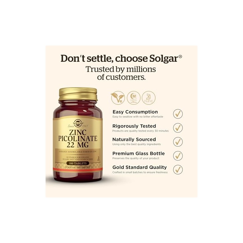 Solgar Zinc Picolinate 22 mg - 100 Vegan Tablets