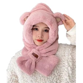 New Knitted Faux Fur Trim Animal Ear Balaclava Hood Scarf Beanie Hat Fluffy (Pink with Ears)