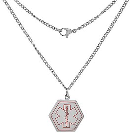 Surgical Steel Blank Medical Alert Necklace Hexagon Shape Id 1 Inch Wide, 30 Inch Long