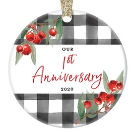 1st Anniversary Ornament First Wedding Christmas 2020 One 1 Year Married Ceramic Holiday Collectible for Husband Wife Spouse Partner Mate 3" Flat Porcelain Keepsake with Gold Ribbon & Free Gift Box