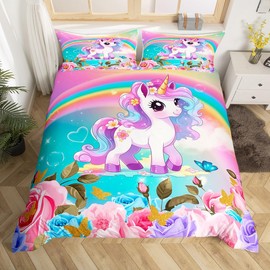Cartoon Unicorn Kids Duvet Cover Set Twin Size,Roses Flowers Butterfly Princess Bedding Set,Girls Women Room Decor,Rainbow Unicorn Cute Comforter Cover,Pink Blue Romantic Quilt Cover,1 Pillowcase