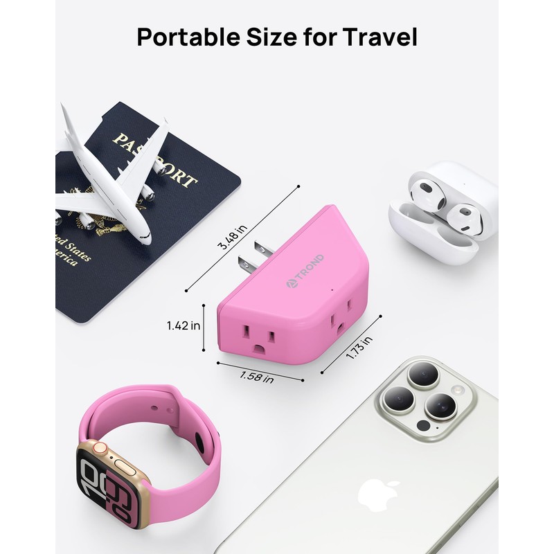 TROND Pink Outlet Extender - Multi Plug Outlet with 3-Prong