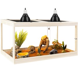 PROLEE Tempered Glass Bearded Dragon Tank,32 Gallon Reptile Tank with Meatl Mesh Roof and Front Sliding Door, Anti-Scratch Lizard Tank,Spacious Reptile Enclosure for Snakes,Lguanas, Chameleons (Oak)