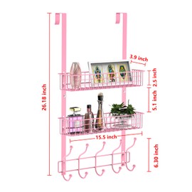 MILIJIA Coat Rack, Over The Door Hanger with Mesh Basket, Detachable Storage Shelf for Towels, Hats, Handbags, Coats (Pink-2 Layer)