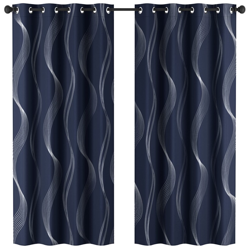 Deconovo Blackout Grommet Silver Curved Wave Pattern Printed Curtains, Navy