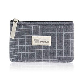 RIAH FASHION Portable Travel Clutch Cosmetic Makeup Pouch Bag - Toiletry Organizer Purse Wristlet Stripe, Floral, Plaid, Cork (Fabric Makeup Pouch - Grid Blue)